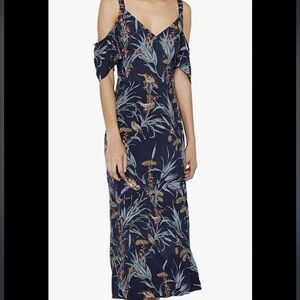Warehouse Navy Bird Print Cold Shoulder MIDI Dress Size 6 US